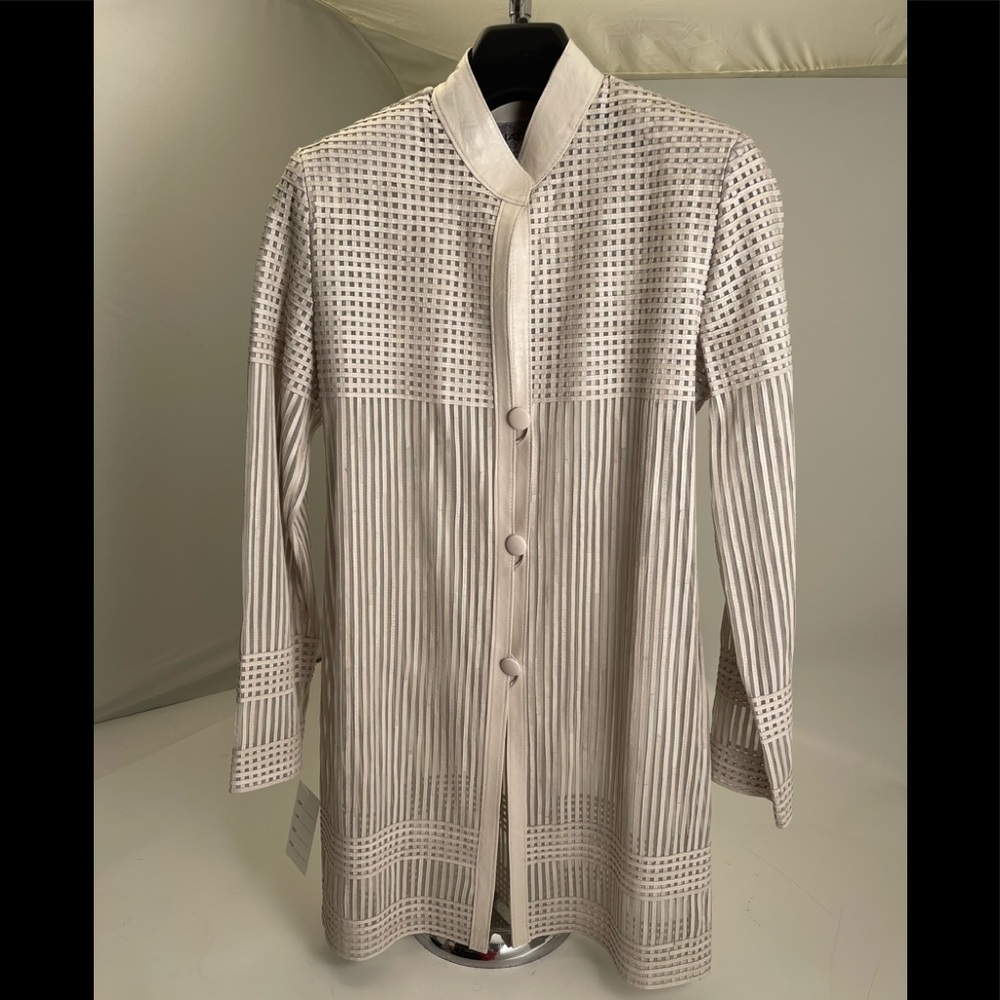32 inch leather stripped jacket. Large and Small-price $110 white